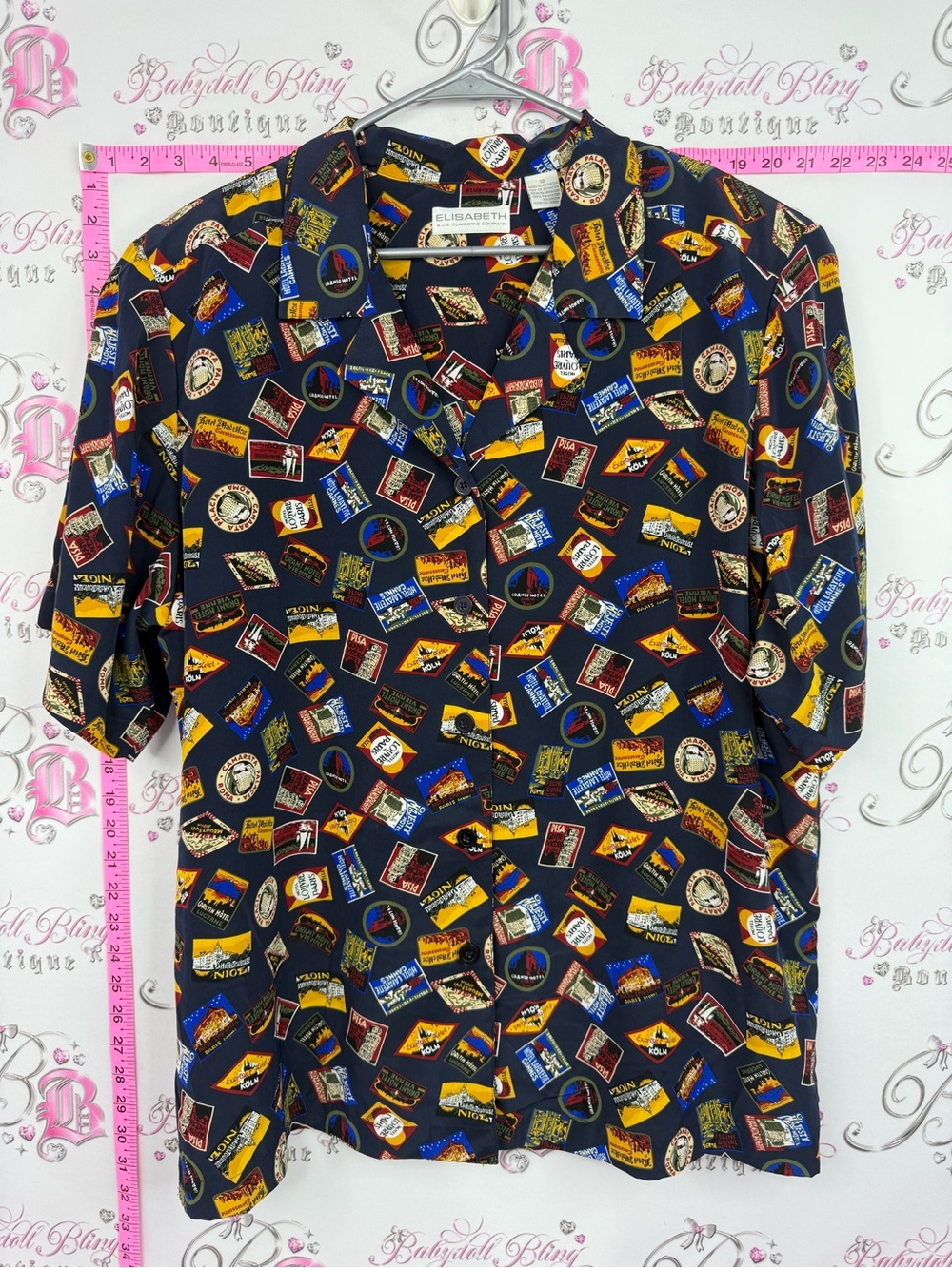 Shirt vintage Navy Short-Sleeve Button-Down Shirt with Travel Patch Print